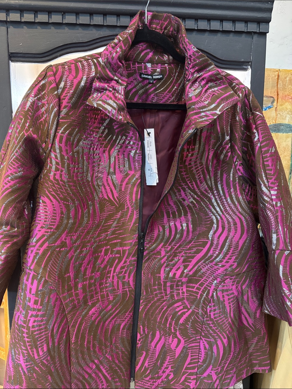 Samuel Dong Women's Patterned Pink & Brown Zip-Front Jacket